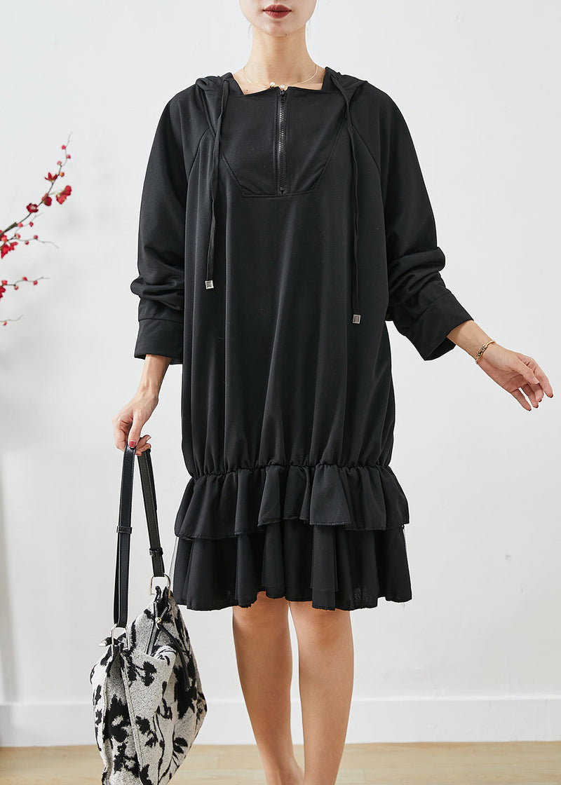 Black Oversized Patchwork Ruffles Cotton Dress Fall