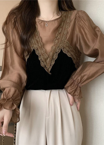 Khaki Patchwork Lace Silk Velour Shirt Top O-neck Lantern Sleeve