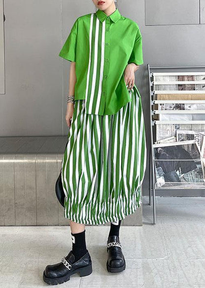 French Green Summer Asymmetrical Design Shirts Short Sleeve Two Piece Set