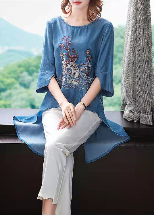 Modern Blue O-neck Side Open Low High Design Embroideried Top Half Sleeve