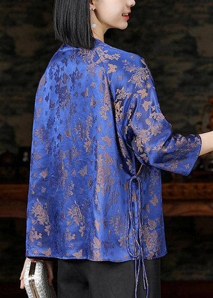 Jacquard Blue O-neck Button Tie Waist Silk Shirts Half Sleeve