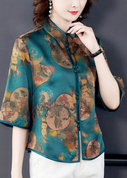 Green Stand Collar Print Patchwork Silk Blouse Top Summer