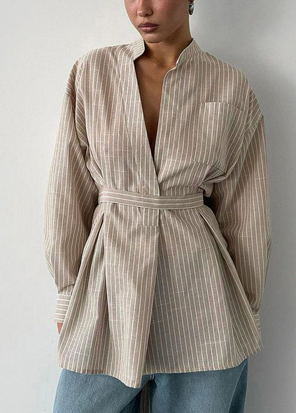 Khaki Striped Linen Tunic Shirt Top Fall