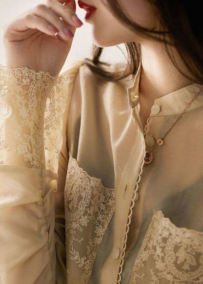 Apricot Stand Collar Button Lace Patchwork Chiffon Blouse Top Spring