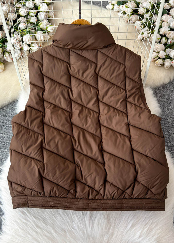 Coffee Stand Collar Pockets Patchwork Parka Waistcoat Winter