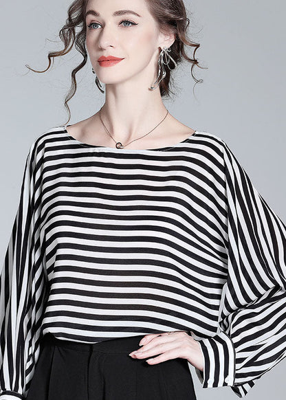 Black O Neck Striped Patchwork Silk Shirt Tops Spring