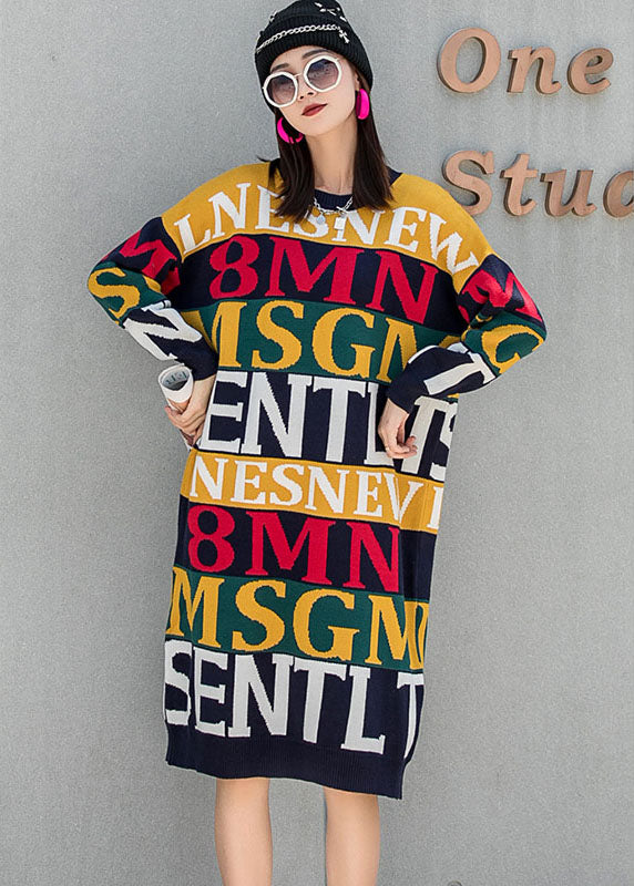 Unique O-neck Loose Graphic Fall Knit Dress Long Sleeve