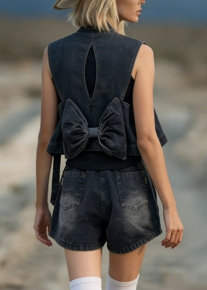 Stylish Black Bow Vest and Shorts Denim Two Pieces Set Summer