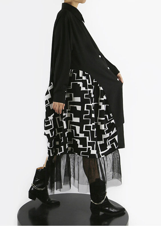 Loose Black Button Asymmetrical Design Peter Pan Collar Patchwork Shirt Dresses Spring