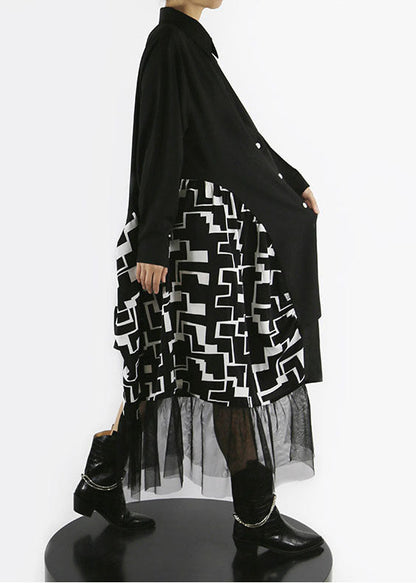 Loose Black Button Asymmetrical Design Peter Pan Collar Patchwork Shirt Dresses Spring