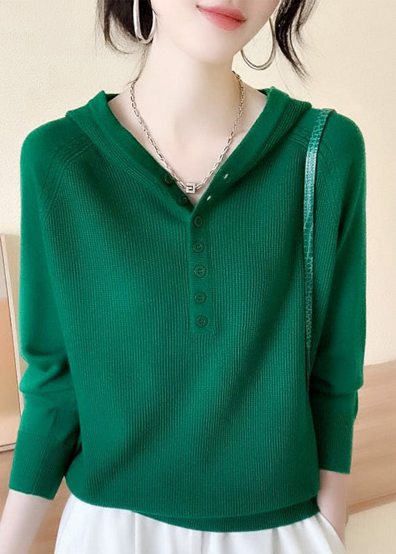 Green Button Hooded Knit Sweaters Spring