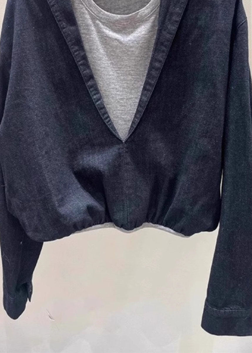 Navy O Neck Patchwork False Two Pieces Cotton Top Spring