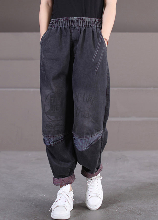 Black Pockets Print Elastic Waist Denim Pants Fall