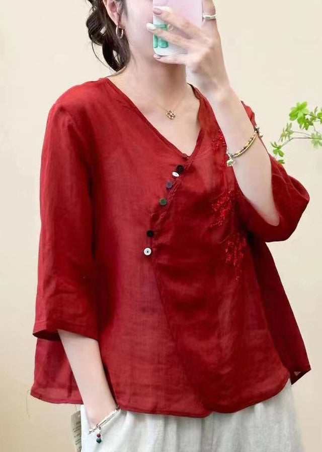 White Embroideried Linen Blouse Top Half Sleeve