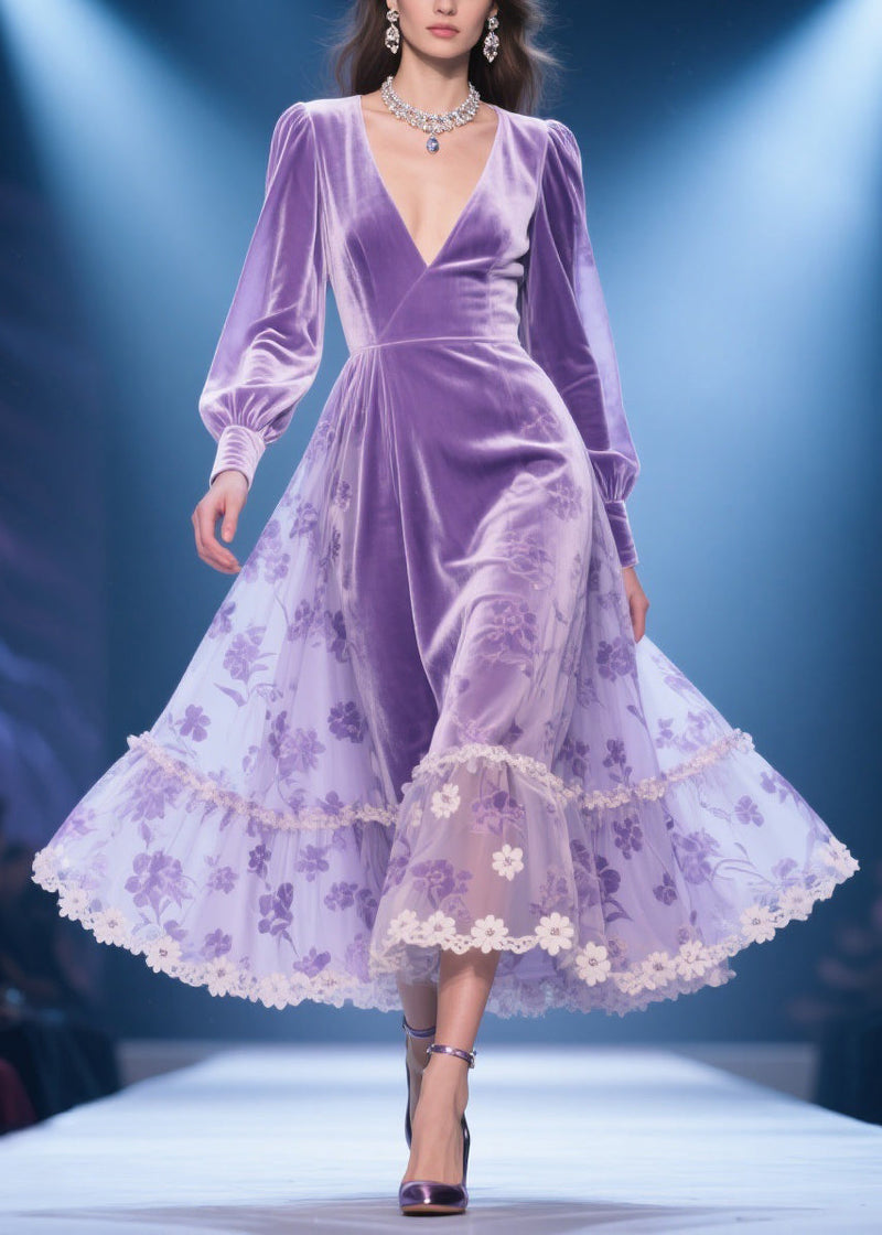 Purple Silk Velvet Lace Print High Waist Party Dress V Neck Spring