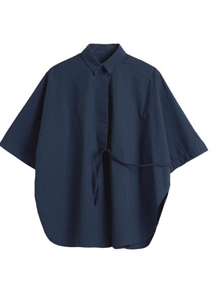 Art Navy Asymmetrical Tie Waist Cotton Shirt Top Half Sleeve