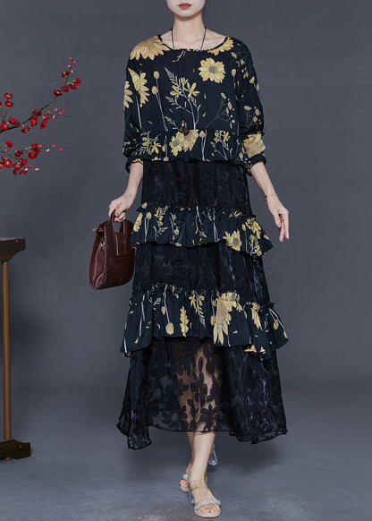 Black Print Patchwork Lace Vacation Dresses Fall