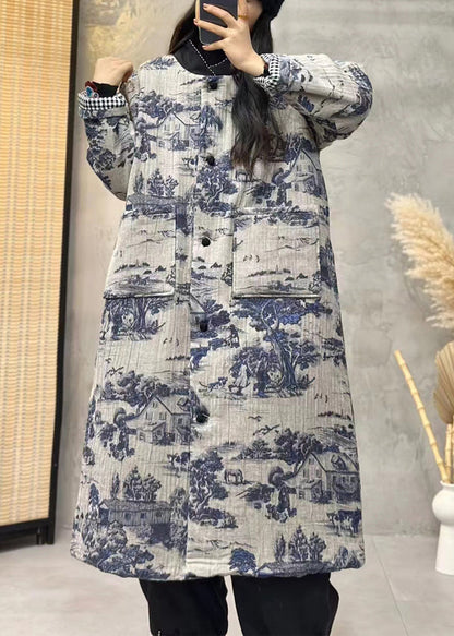 Blue Print Pockets Cotton Filled Long Trench Coat Long Sleeve