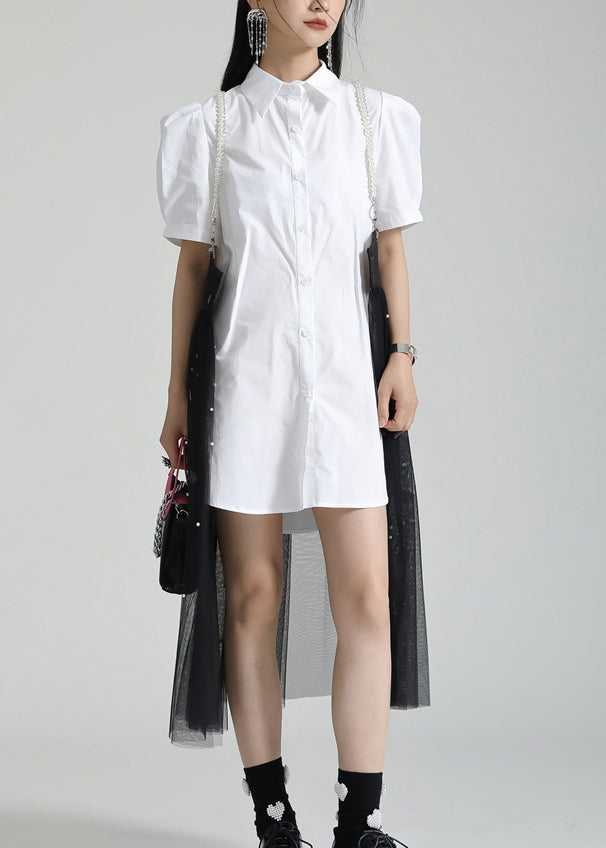 French White Peter Pan Collar Shirt Dresses and Tulle Skirt Two Pieces Set Summer