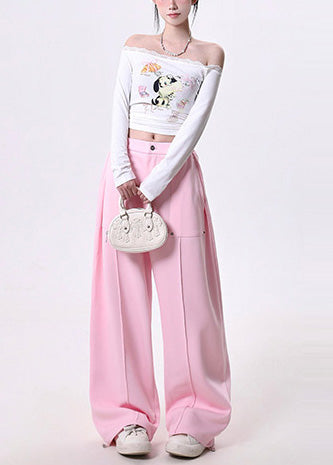 Pink Elastic Waist Cotton Straight Pants Spring
