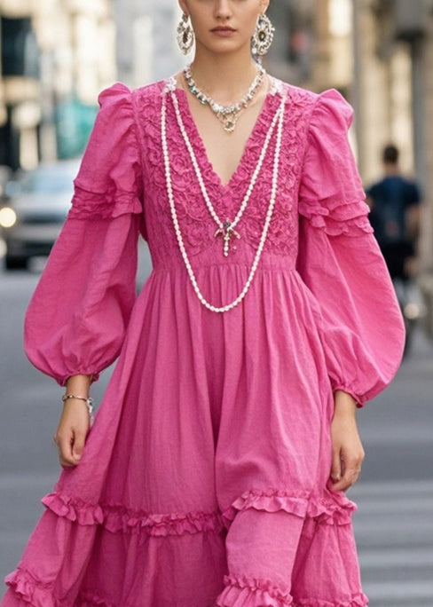 Rose Ruffled Exra Large Hem Cotton Vacation Dresses Fall