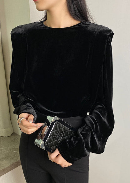 Black Button O-neck Silk Velour Tops Long Sleeve