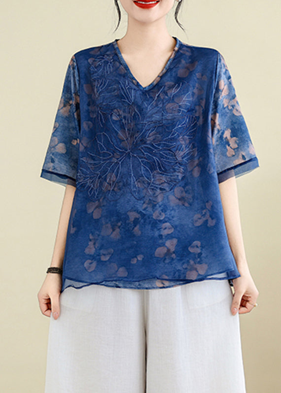 Blue Embroidered T Shirts Summer