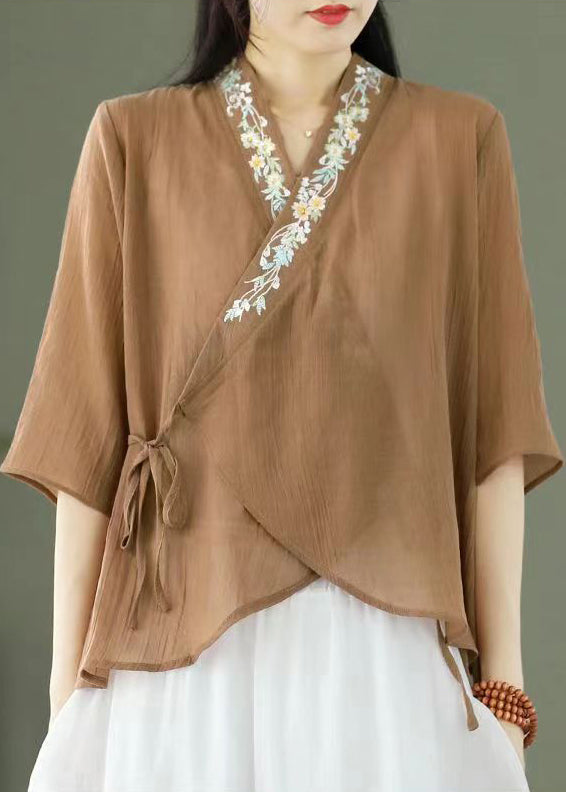 Light Coffee Embroideried Lace Up Patchwork Cotton Top Half Sleeve