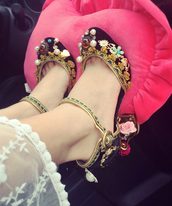 Palace Feng Zircon Flower Black Buckle Strap High Heels