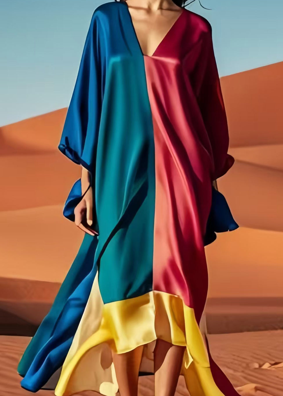 Original Design Colorblock Asymmetrical Patchwork Silk Vacation Dresses Fall