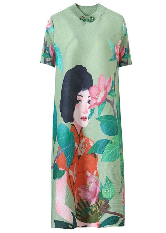 Italian Green Print Oriental Half Sleeve Party Dress Summer