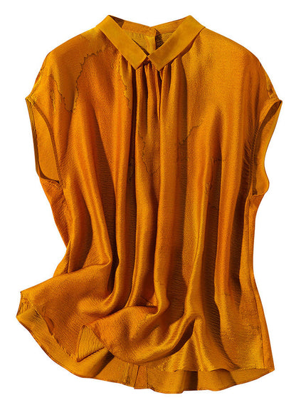 Classy Caramel Peter Pan Collar Print Silk T Shirtshort Sleeve