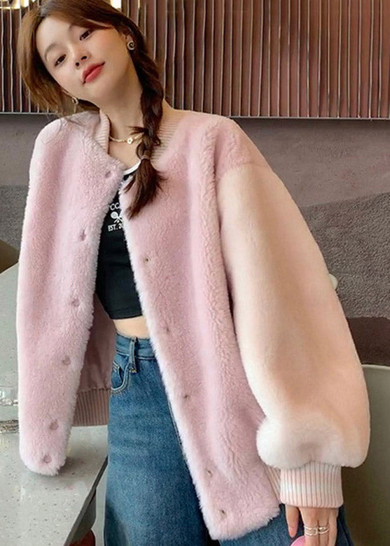 French Pink O-neck Patchwork Button Woolen Coats Winter