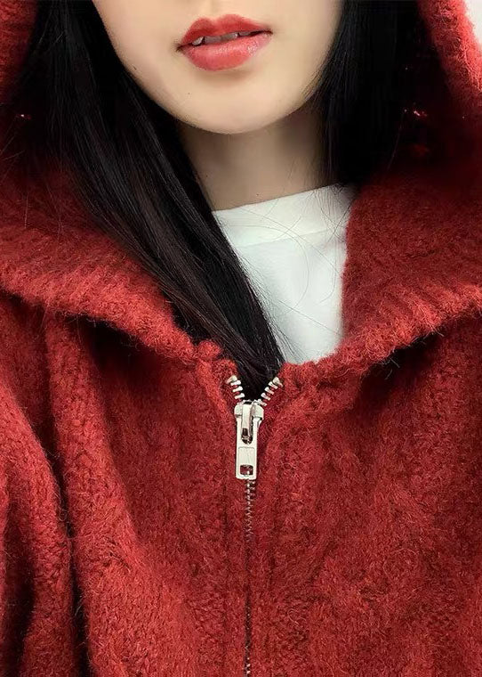 Organic Red Hooded Zippered Fall Knit Vest