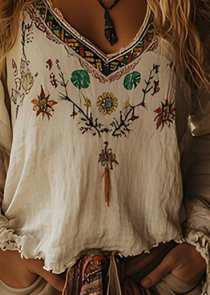 Beige V Neck Print Cotton Top Long Sleeve
