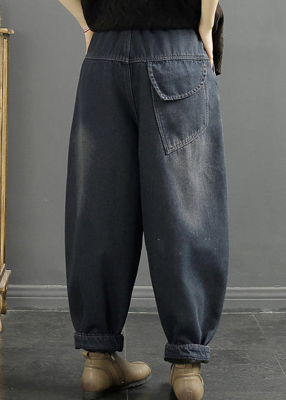 Diy Black Oversized Patchwork Warm Fleece Denim Harem Pants Winter