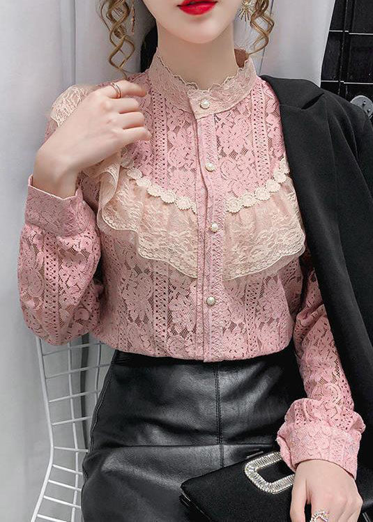 Pink Lace Loose Shirt Top Button Hollow Out Long Sleeve