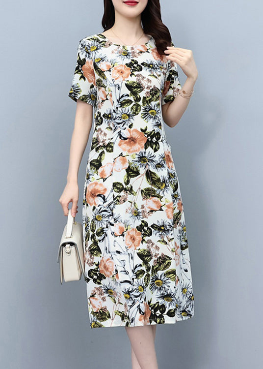 White O-neck Print Slim Silk Vacation Maxi Dresses Summer