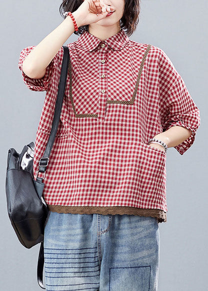 Red Button Peter Pan Collar Shirt Tops Half Sleeve