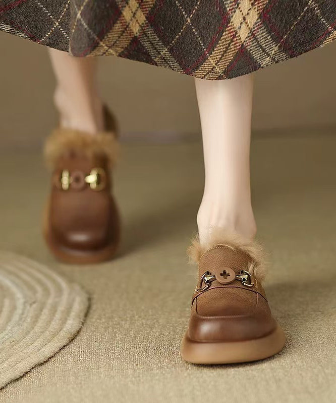 Brown Fuzzy Wool Lined Splicing Platform Loafers for