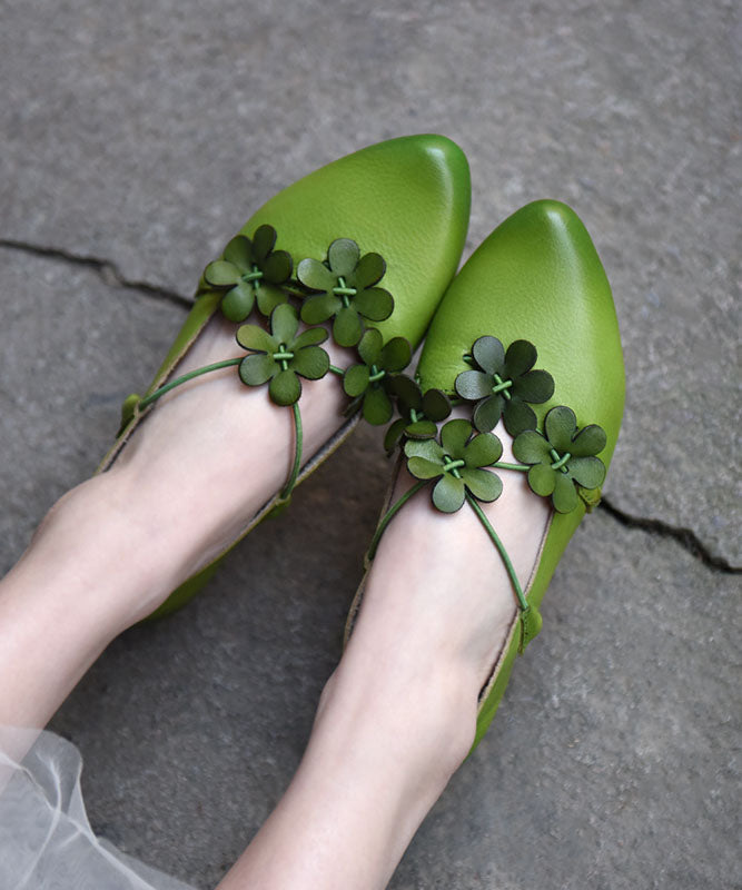 Splicing Flat Shoes Pointed Toe Green Cowhide Leather