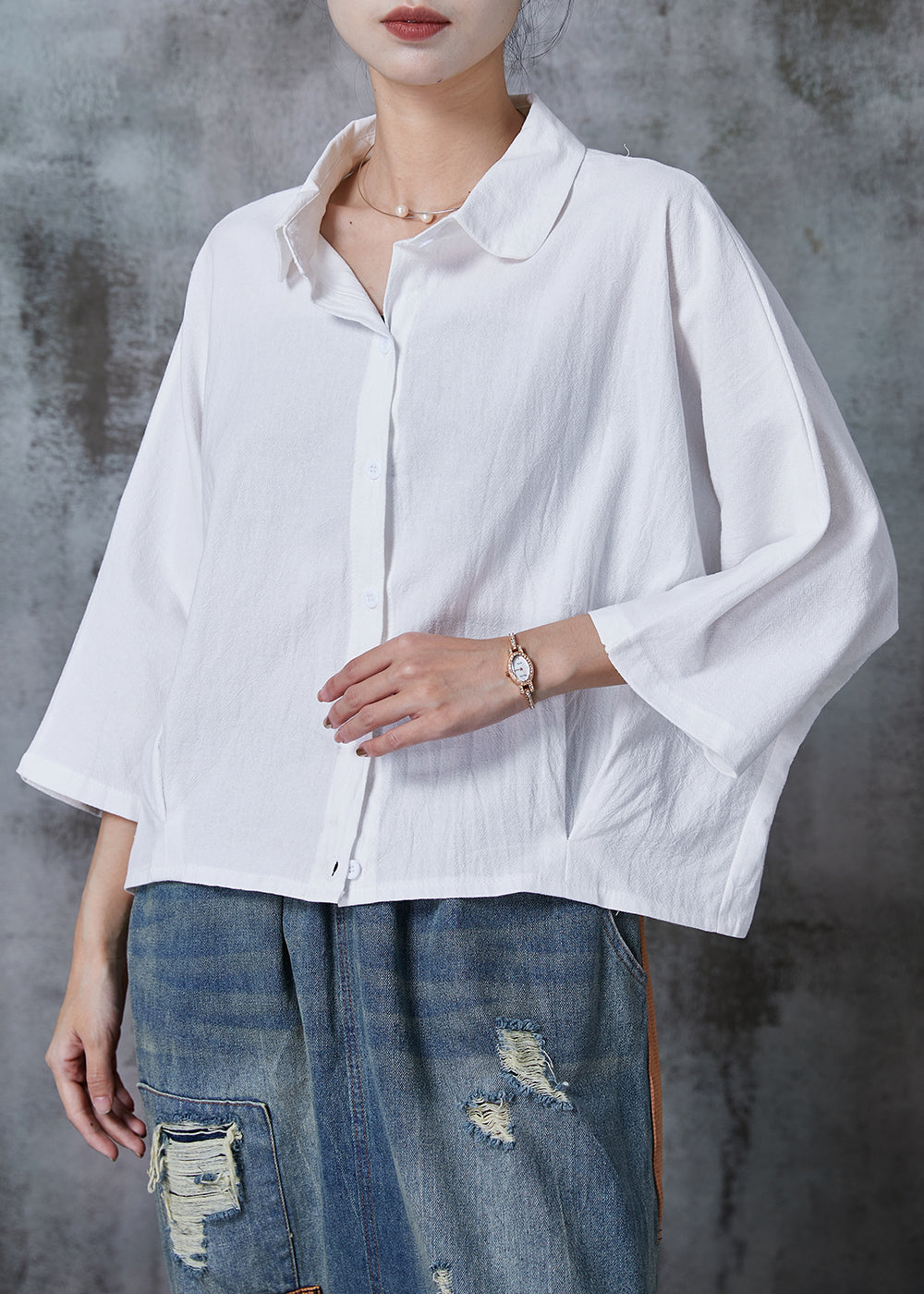 White Oversized Cotton Blouse Top Bracelet Sleeve