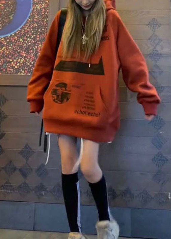 Art Brick Red Hooded Pockets Print Fall Sweatshirt Street Wear