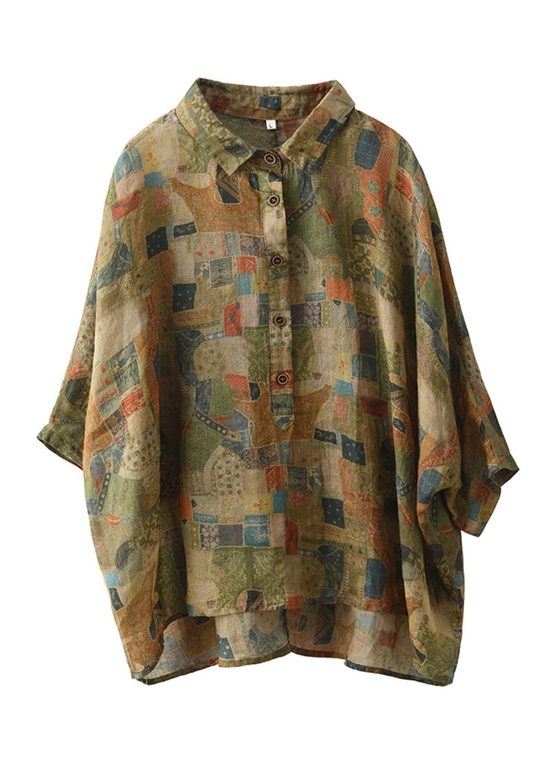 Green Peter Pan Collar Print Button Linen Shirt Summer