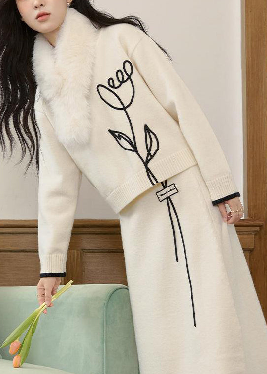 Stylish Beige O Neck Sweaters and Skirts Knit Two Pieces Set Winter