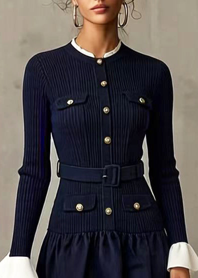 Navy Patchwork Knit Tunic Dresses Flare Sleeve