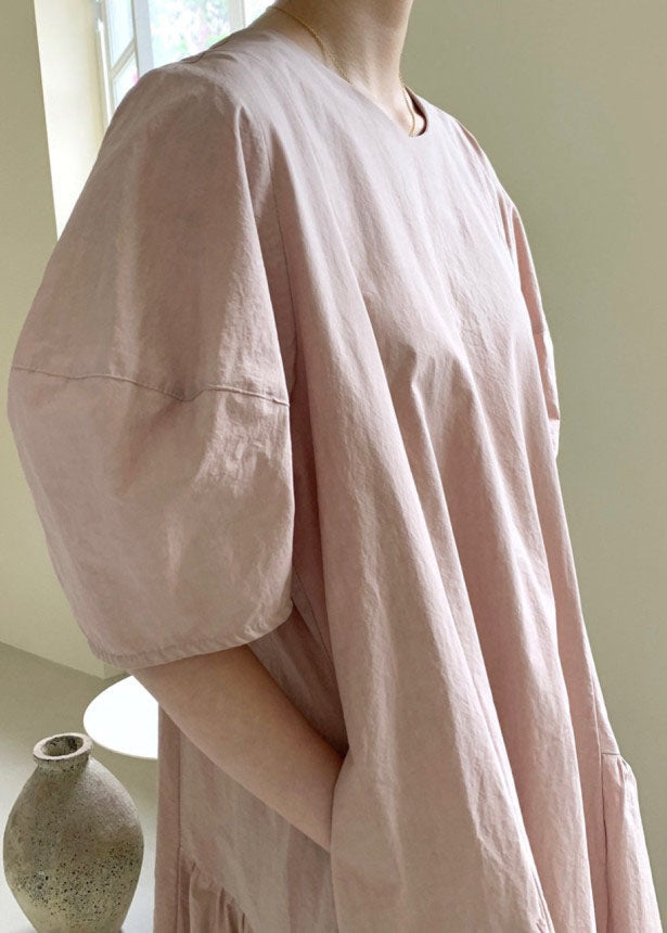 Pink Puff Sleeve Patchwork Cotton Vacation Dresses Spring