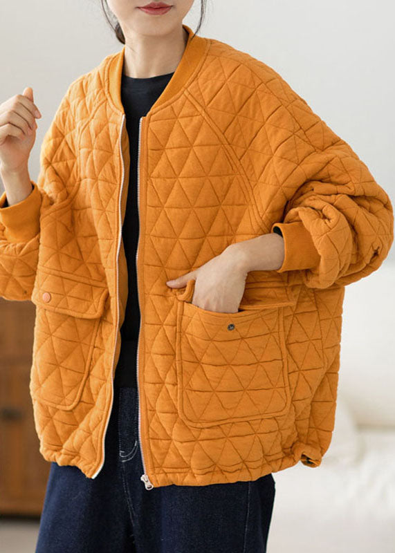Yellow O-neck Zippered Plaid Thick Coats Long Sleeve