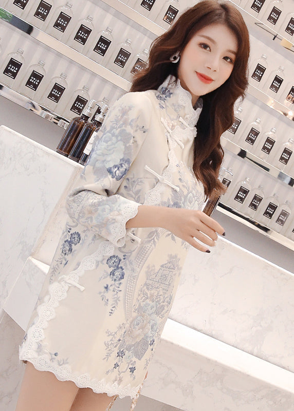 Stand Collar Embroideried Button Lace Patchwork Top Long Sleeve