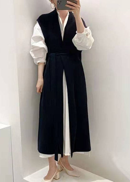 Navy Cinched Two Pieces Set Knit Vest Shirts Dress Spring